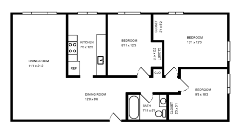 Floor plan for 3 beds, 1 bath, 1000 sqft